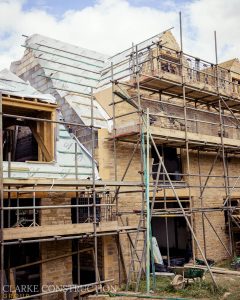 A house covered in scaffolding
