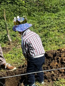 A young boy can be seen from behind. He is digging earth. He wears a checked shirt, navy trousers and a blue sun hat. Around his sun hat is a gold cardboard crown,