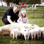 Adam Henson is at his Cotswold Farm park. He is crouching with a young girl next to a sow and her five suckling piglets. They are pale pink with a few black spots. Three other visitors can be seen in the background.