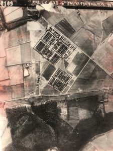 Black and white aerial view of a prisoner of war camp