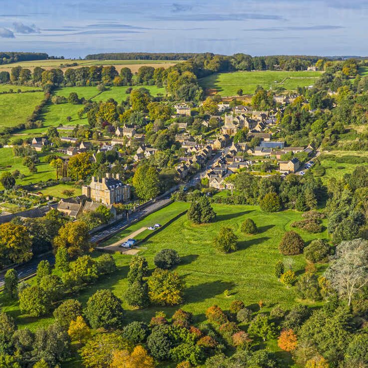 Aerial view of a Cotswold village.