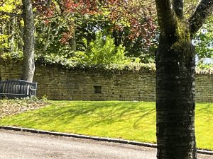 A Cotswold stone wall runs behind a green lawn and tarmac drive. Trees grow behind it, with a further two in front. There is a wooden bench on the left hand side.